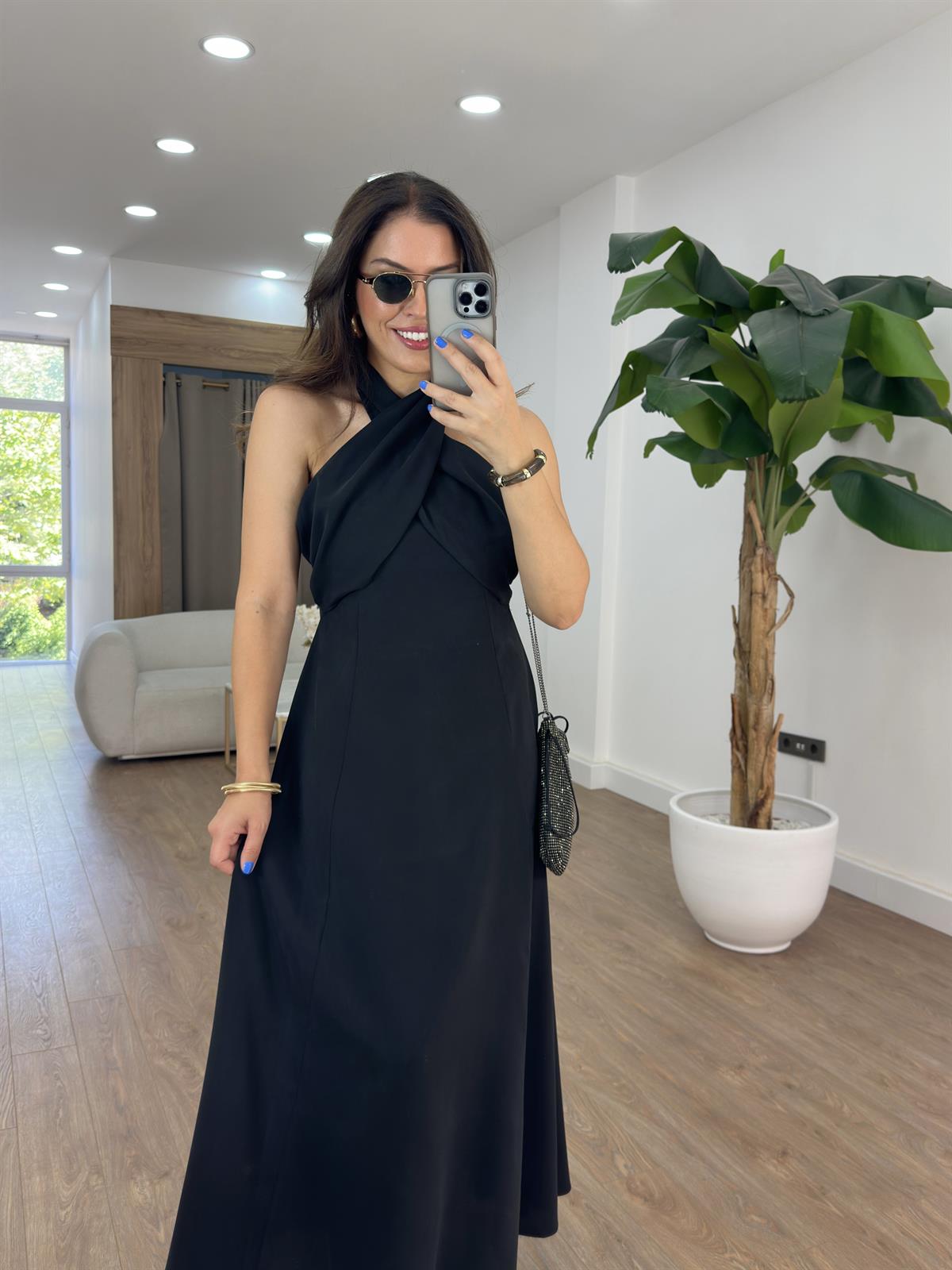 Çapraz Bağlamalı  Midi Tensel Elbise - Siyah