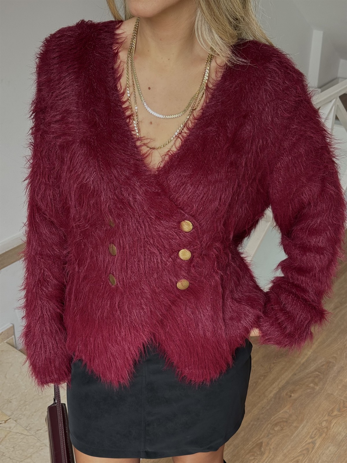 Çapraz Kapama Angora Tüylü Hırka - Bordo