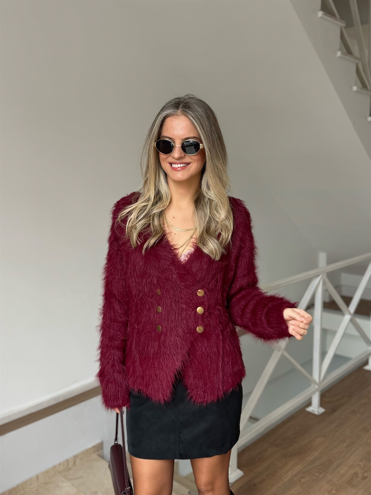 Çapraz Kapama Angora Tüylü Hırka - Bordo