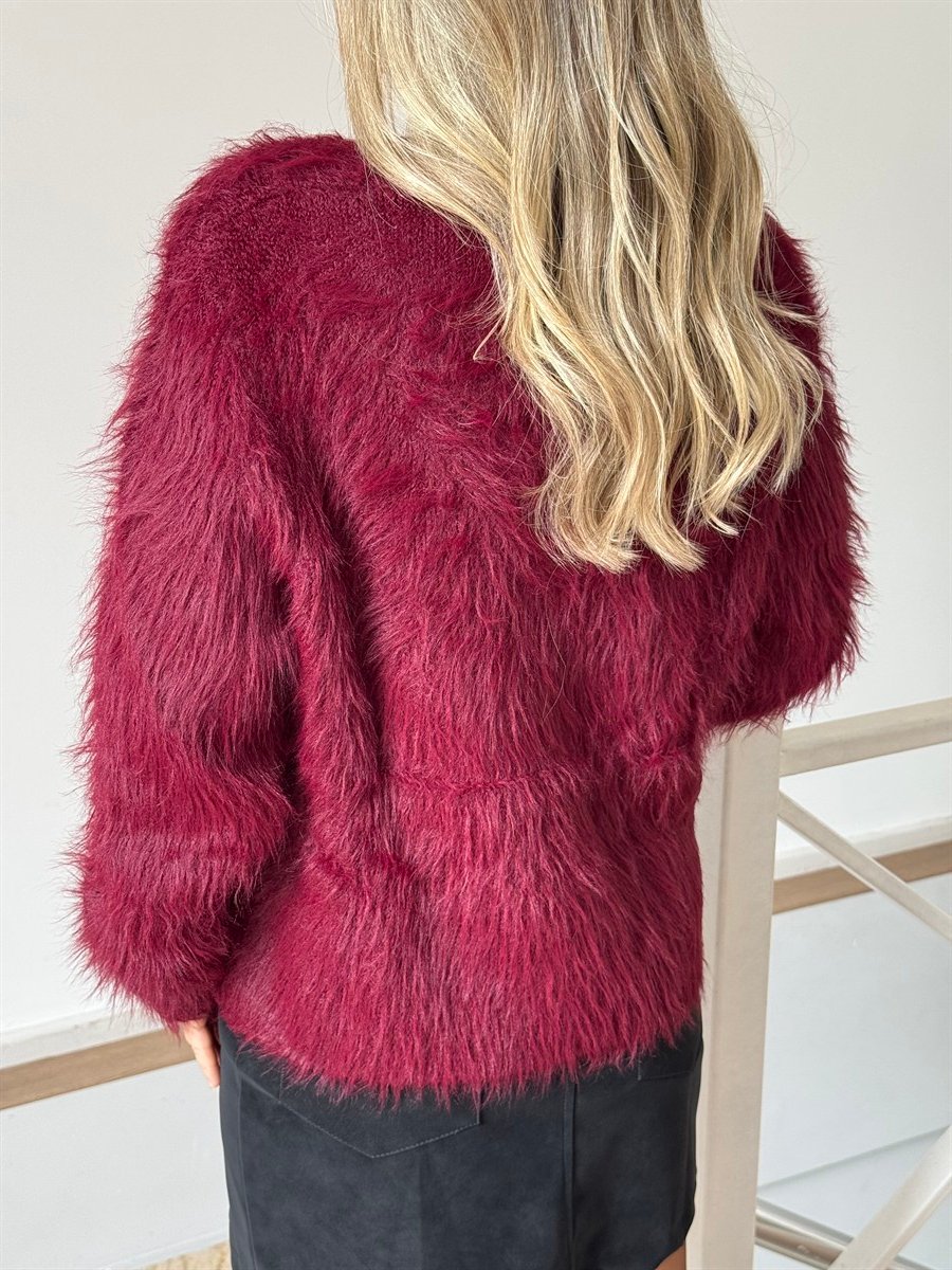 Çapraz Kapama Angora Tüylü Hırka - Bordo