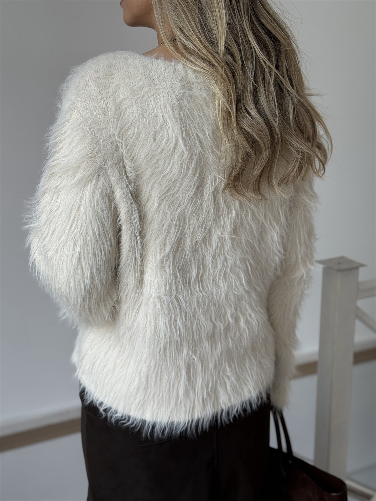 Çapraz Kapama Angora Tüylü Hırka - Ekru