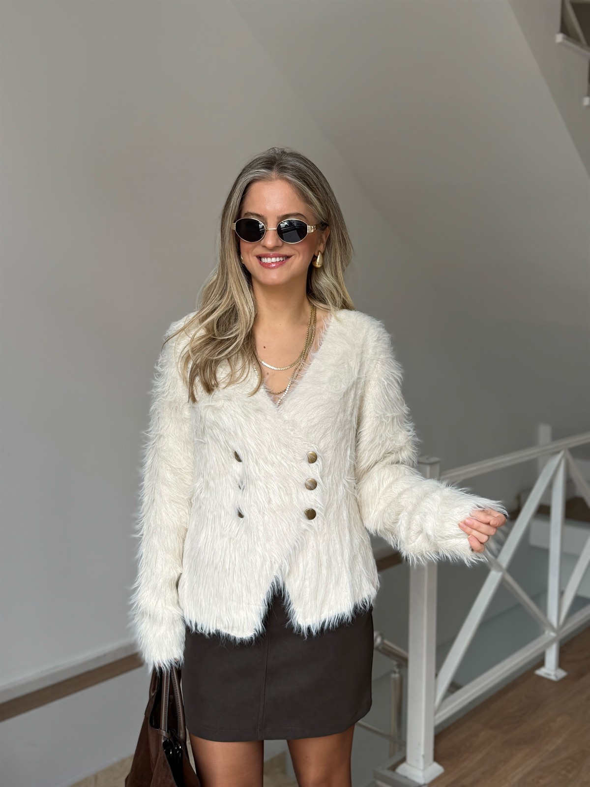 Çapraz Kapama Angora Tüylü Hırka - Ekru