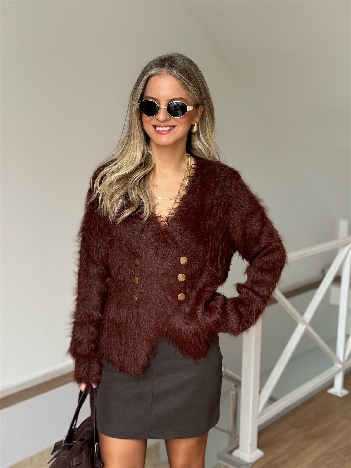 Çapraz Kapama Angora Tüylü Hırka - Kahverengi