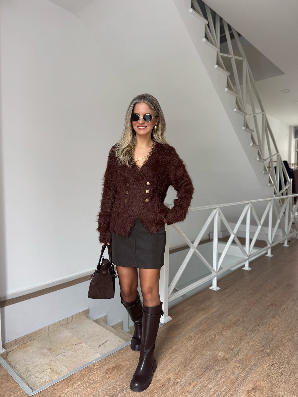 Çapraz Kapama Angora Tüylü Hırka - Kahverengi