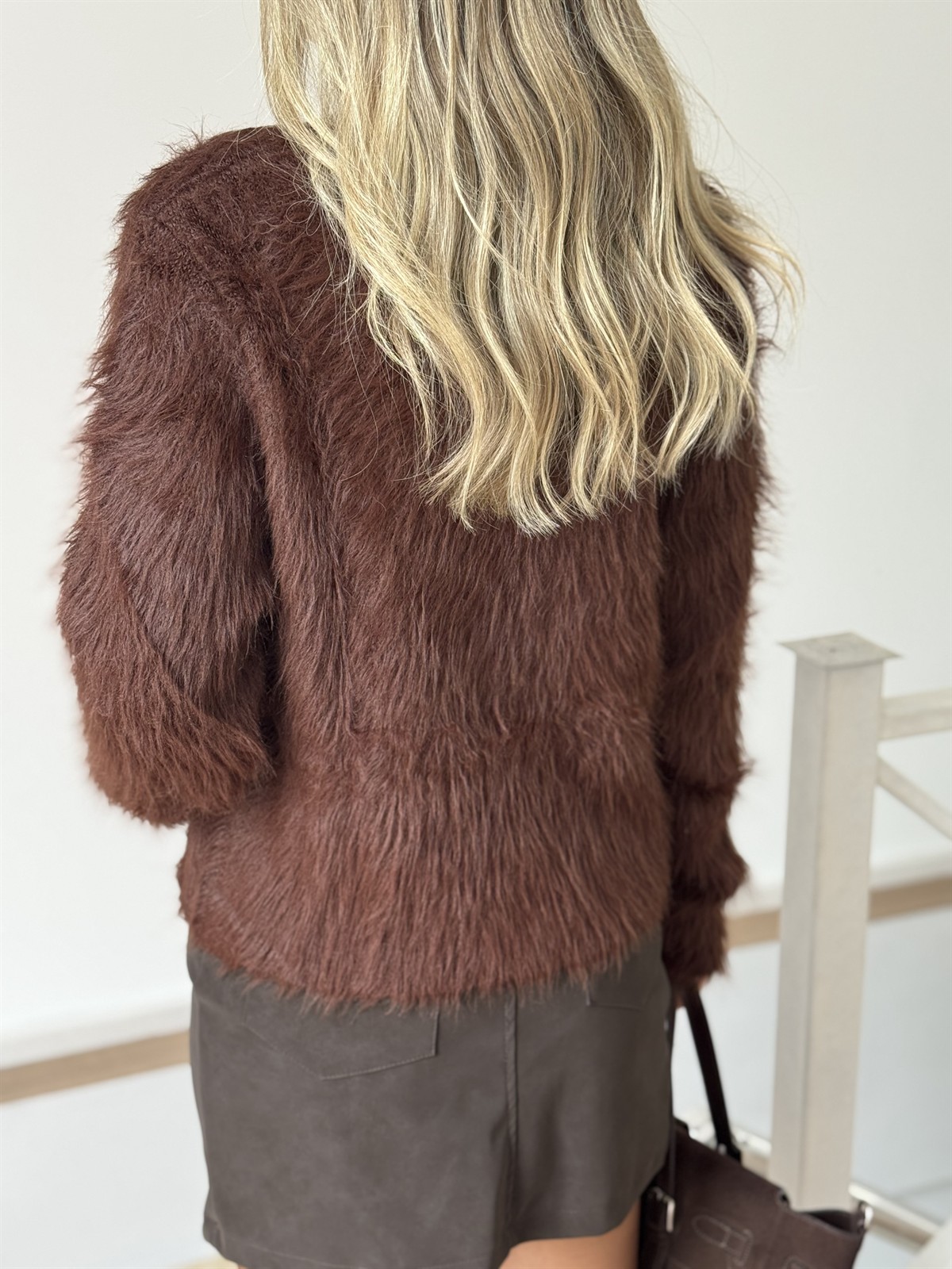 Çapraz Kapama Angora Tüylü Hırka - Kahverengi