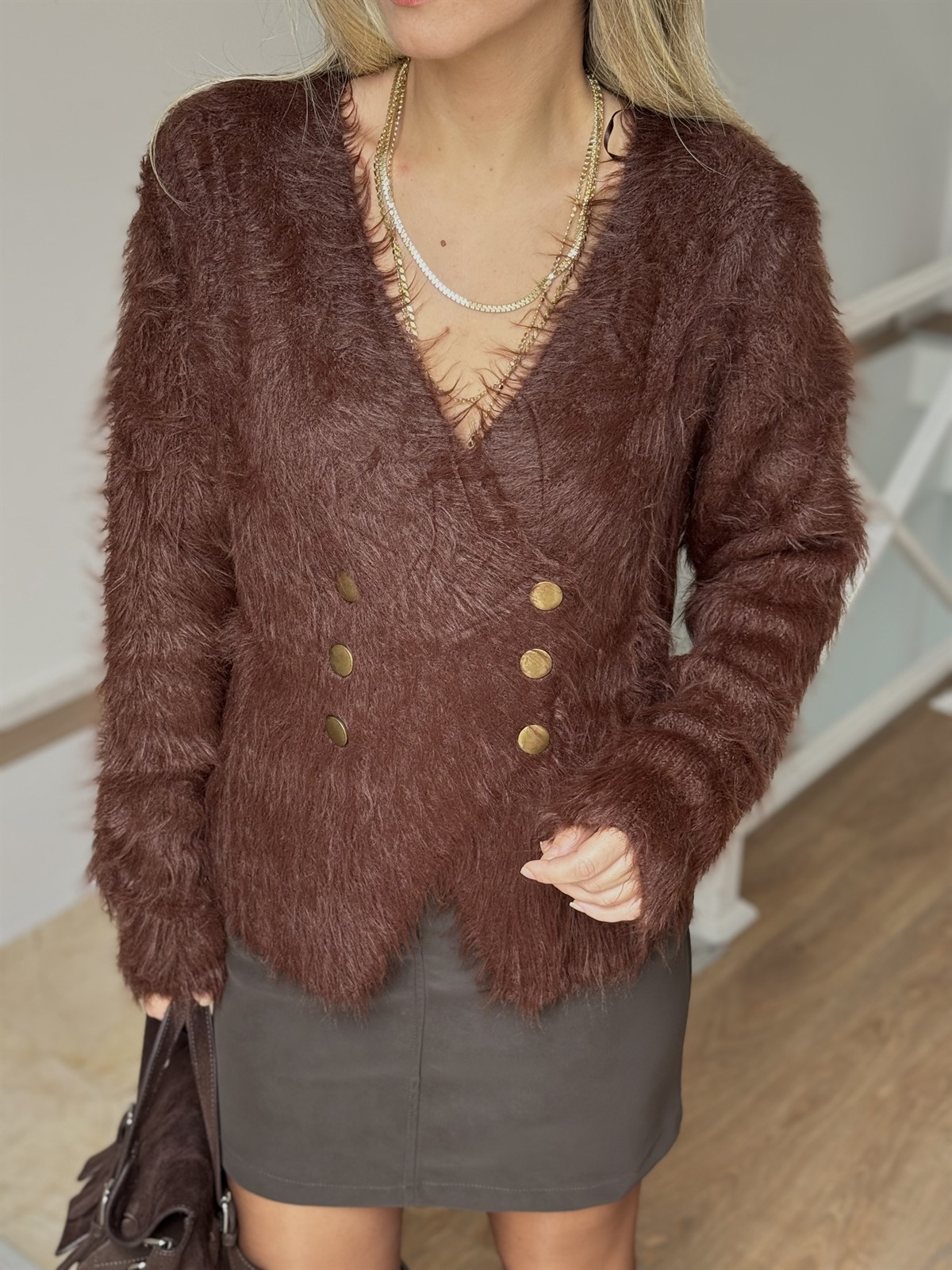 Çapraz Kapama Angora Tüylü Hırka - Kahverengi