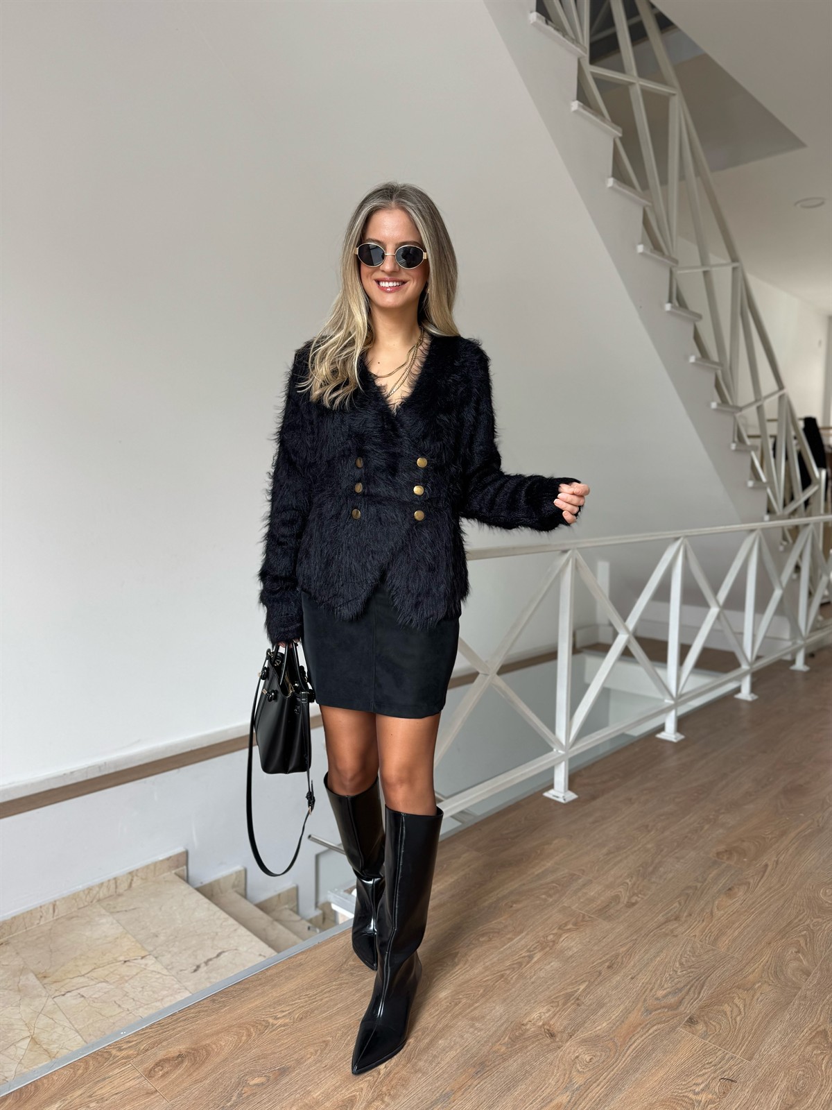 Çapraz Kapama Angora Tüylü Hırka - Siyah