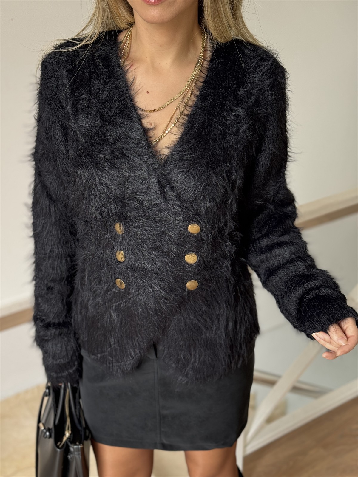 Çapraz Kapama Angora Tüylü Hırka - Siyah