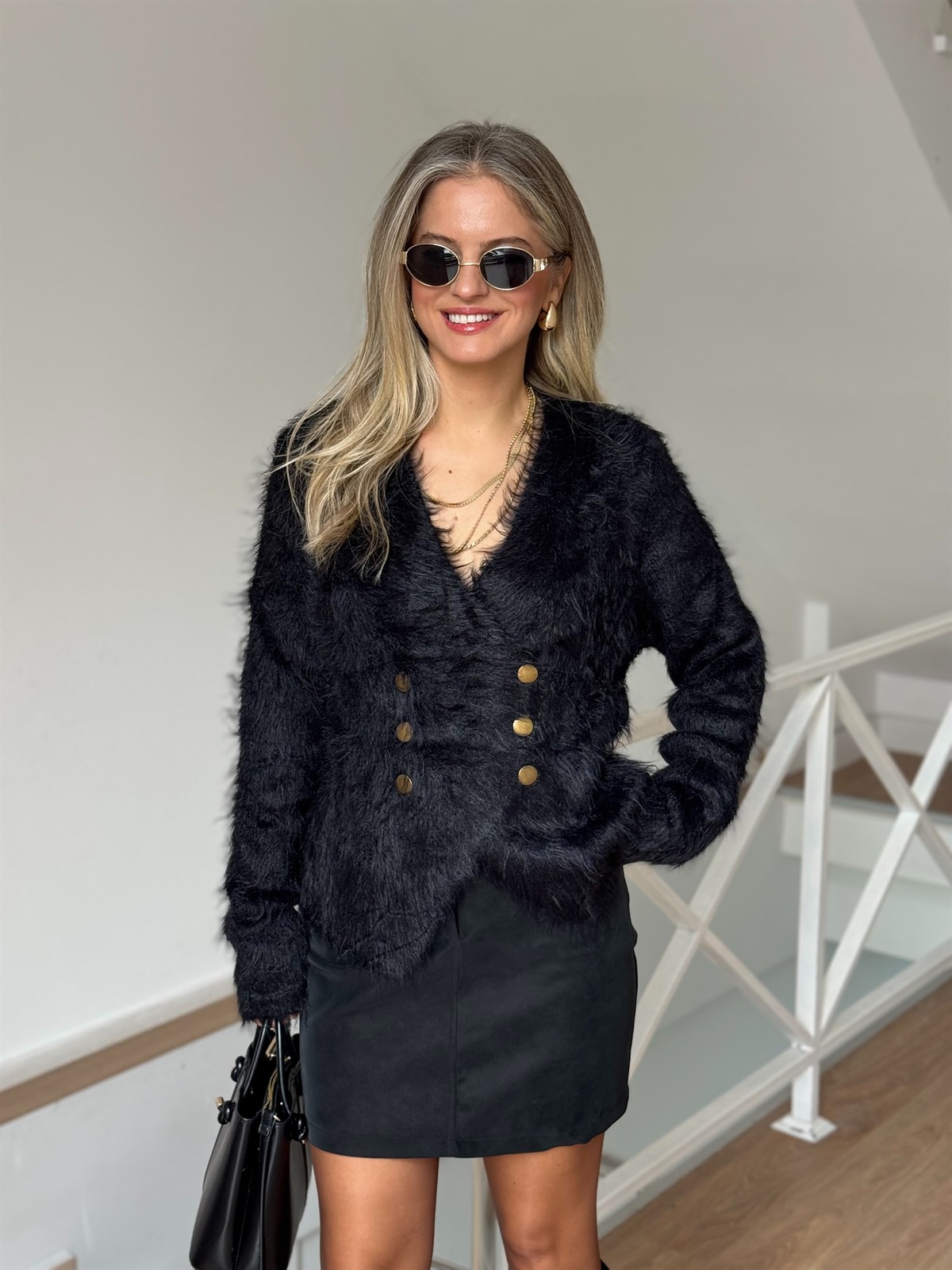 Çapraz Kapama Angora Tüylü Hırka - Siyah