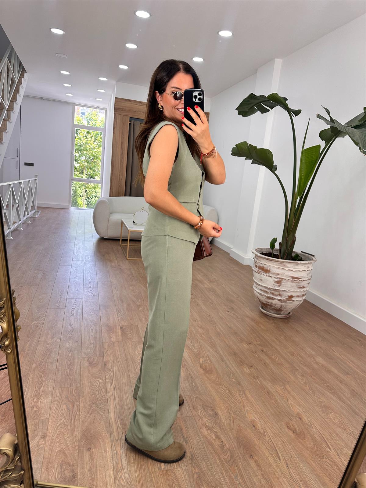 Çapraz Kapama Yelekli Takım-Haki