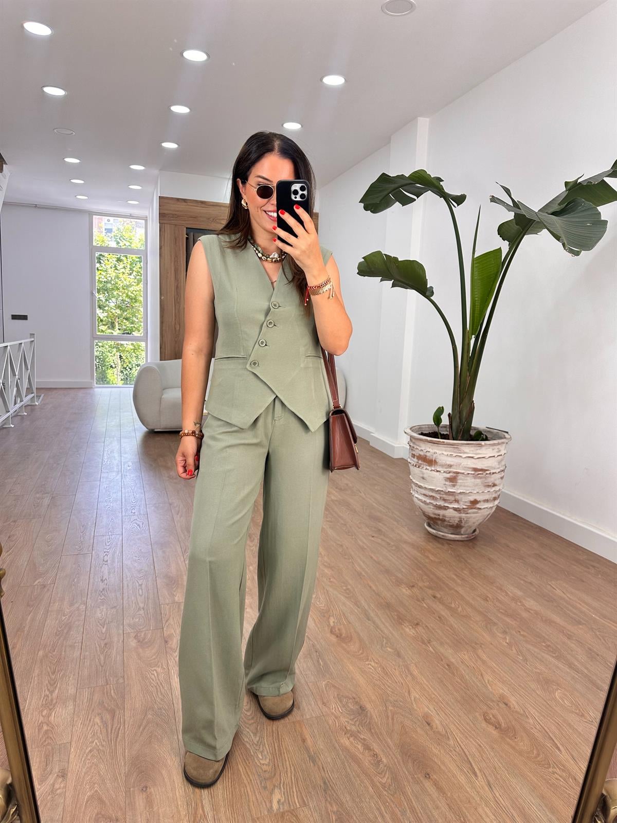 Çapraz Kapama Yelekli Takım-Haki