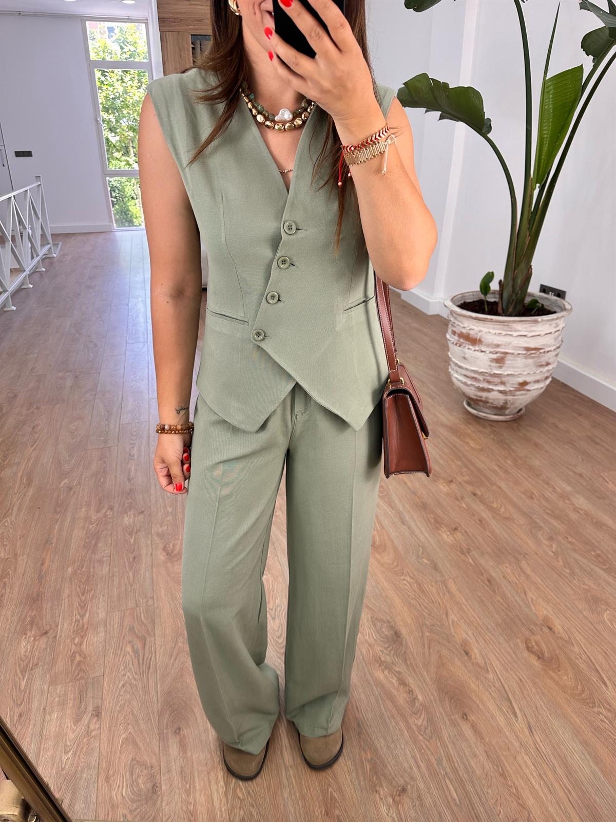 Çapraz Kapama Yelekli Takım-Haki