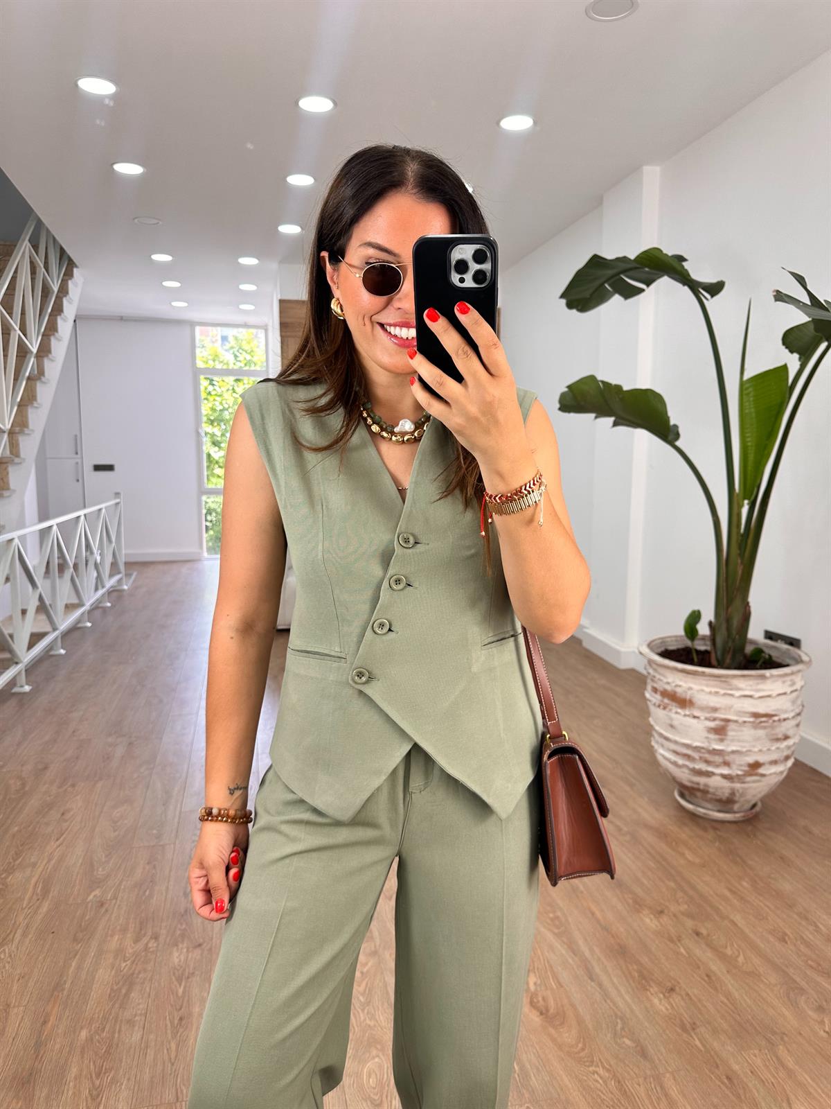 Çapraz Kapama Yelekli Takım-Haki