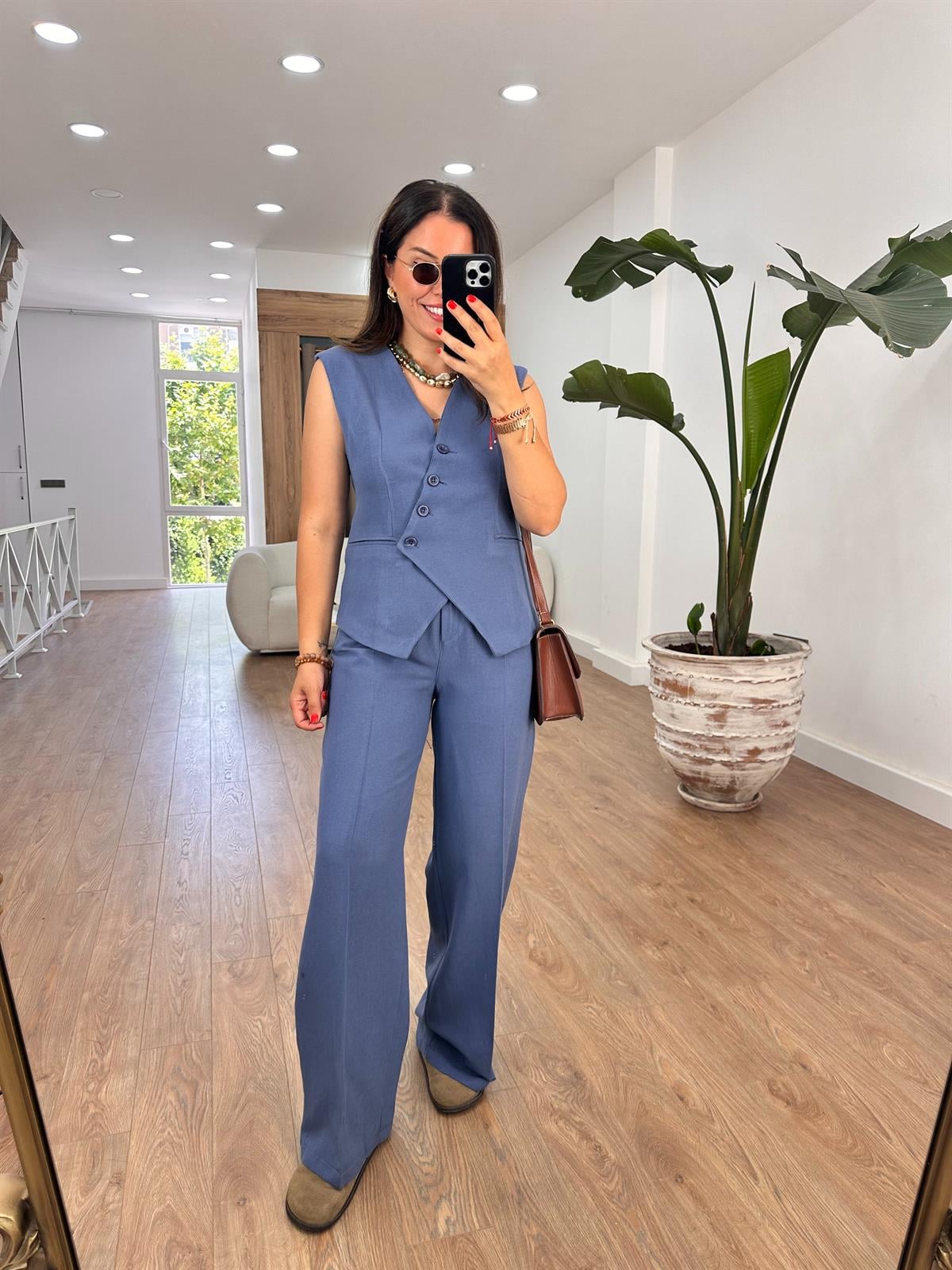 Çapraz Kapama Yelekli Takım-Mavi