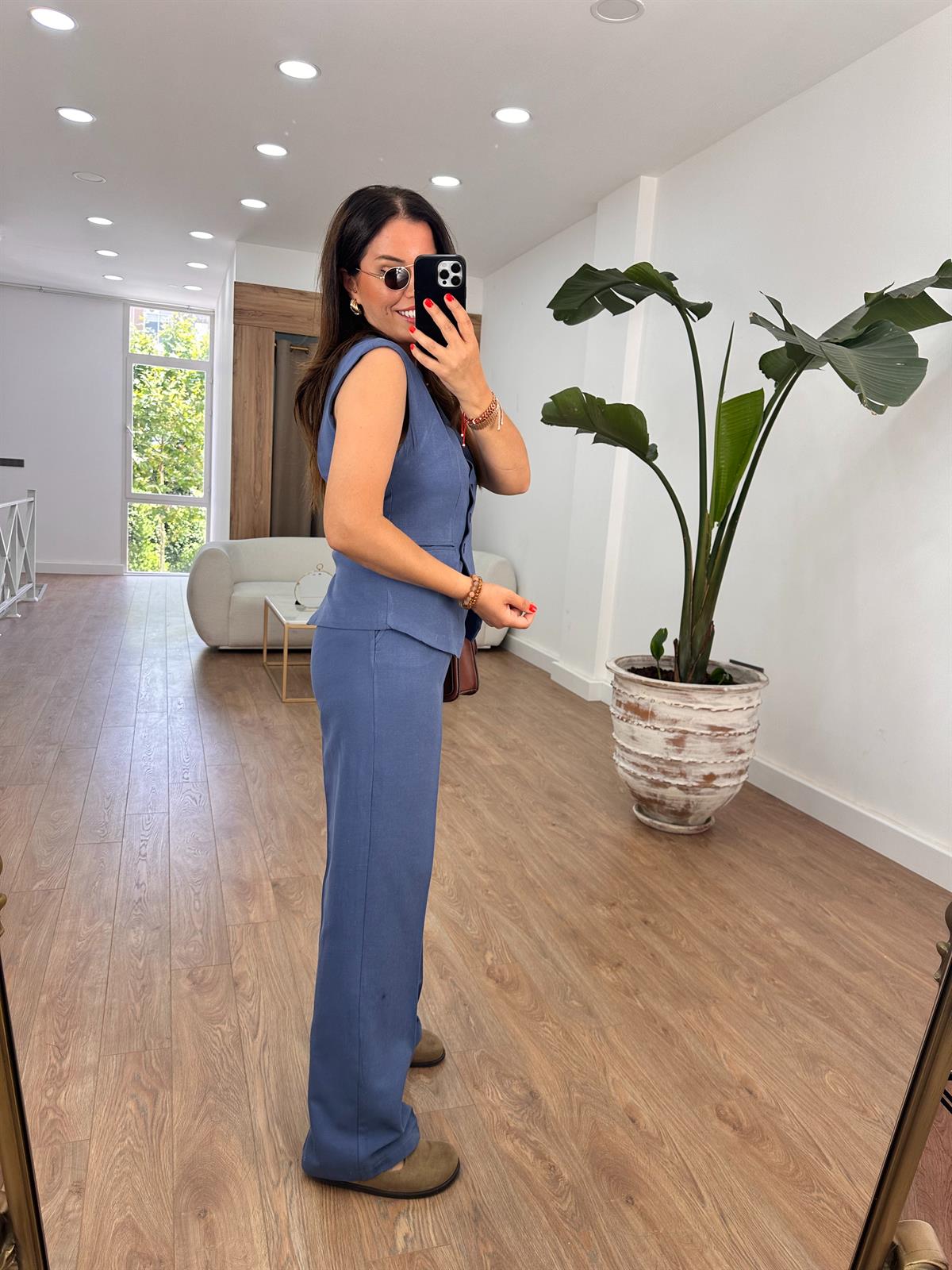 Çapraz Kapama Yelekli Takım-Mavi