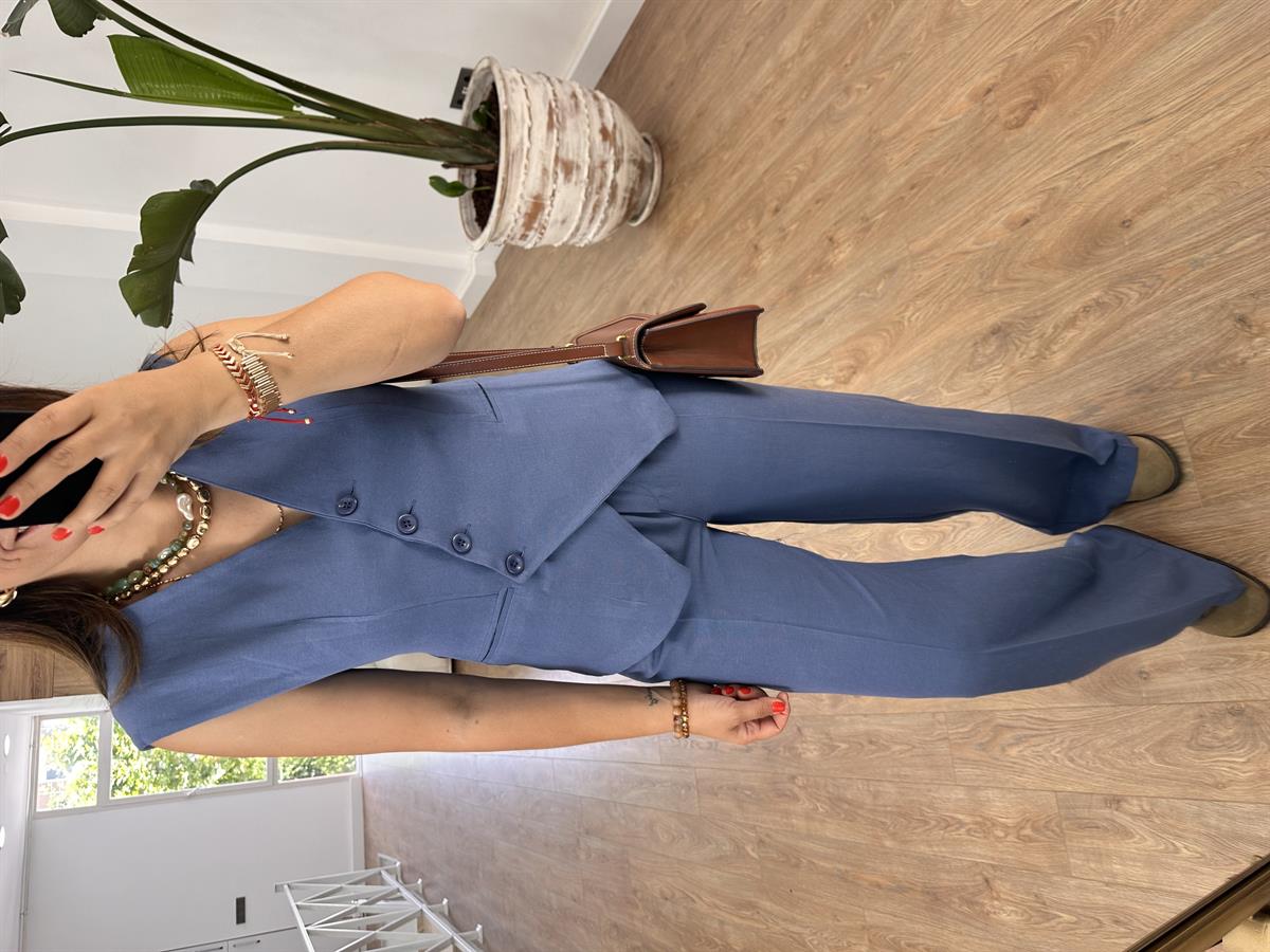 Çapraz Kapama Yelekli Takım-Mavi