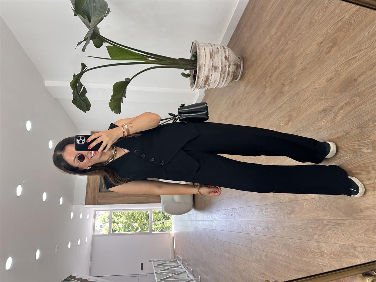 Çapraz Kapama Yelekli Takım-Siyah