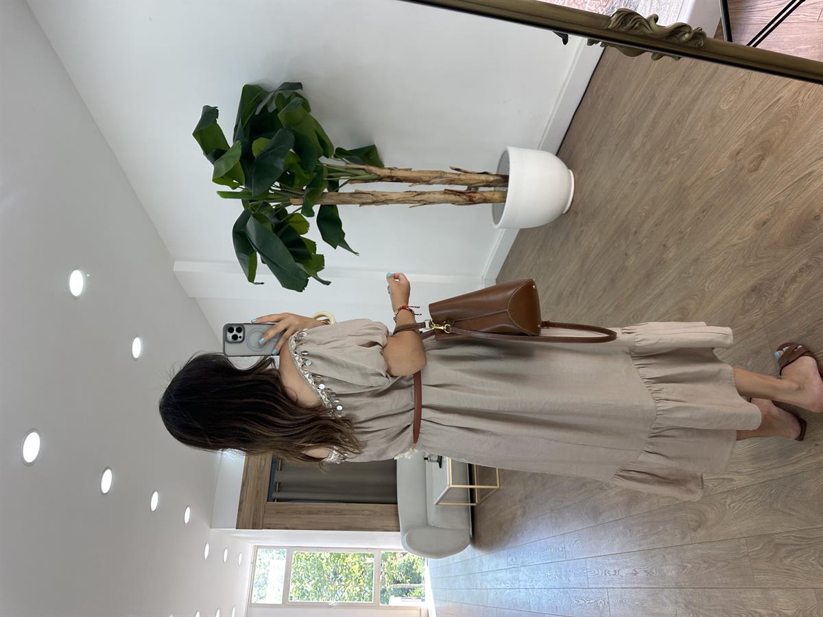 Carmen Yaka Deniz Kabuklu Elbise - Bej