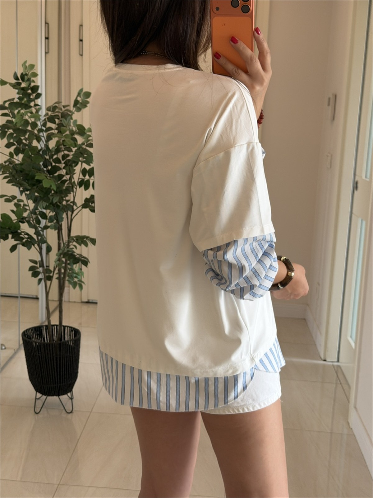 Çizgili Poplin Detaylı Sweatshirt-Beyaz