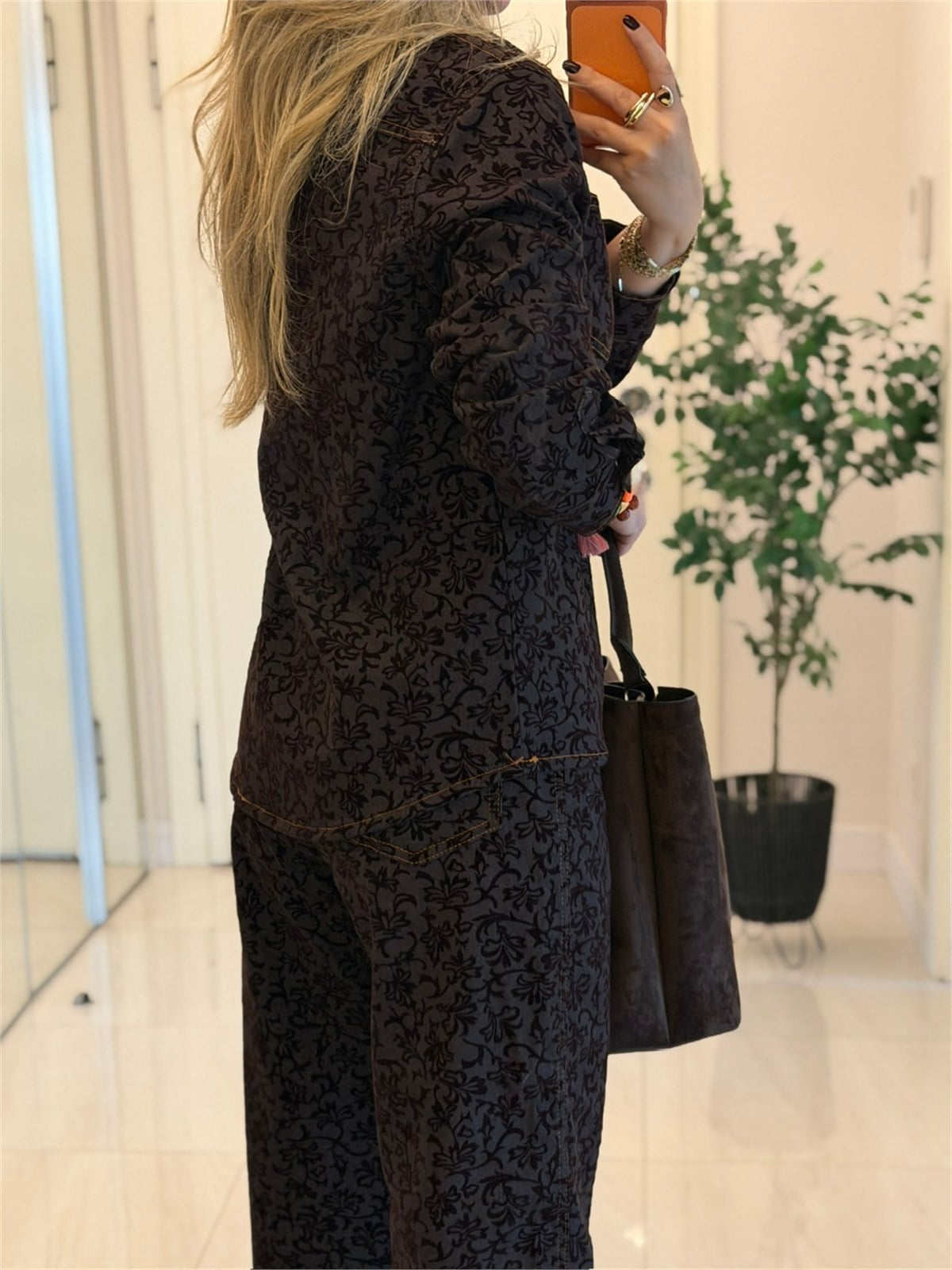 Orijinal Marka Jakar Dokuma Detaylı Denim Takım - Kahve