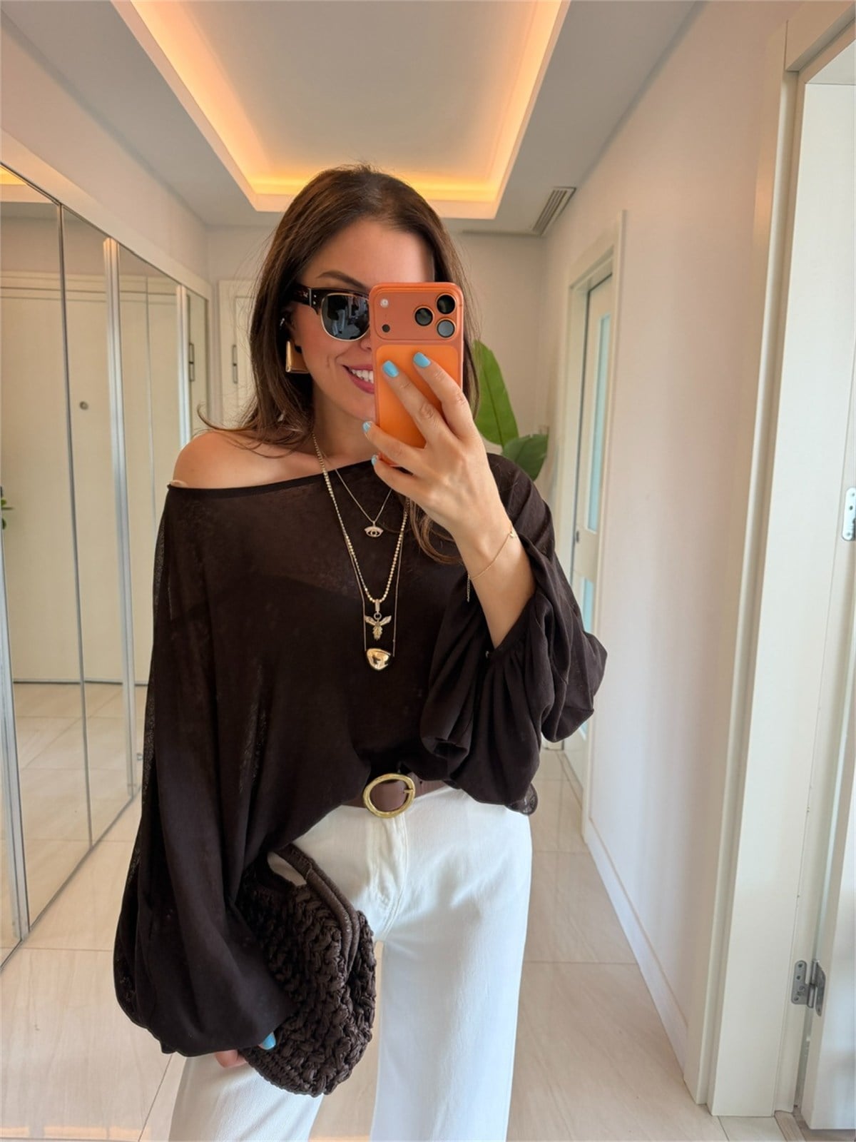 Yarasa Kol Transparan Bluz - Kahve