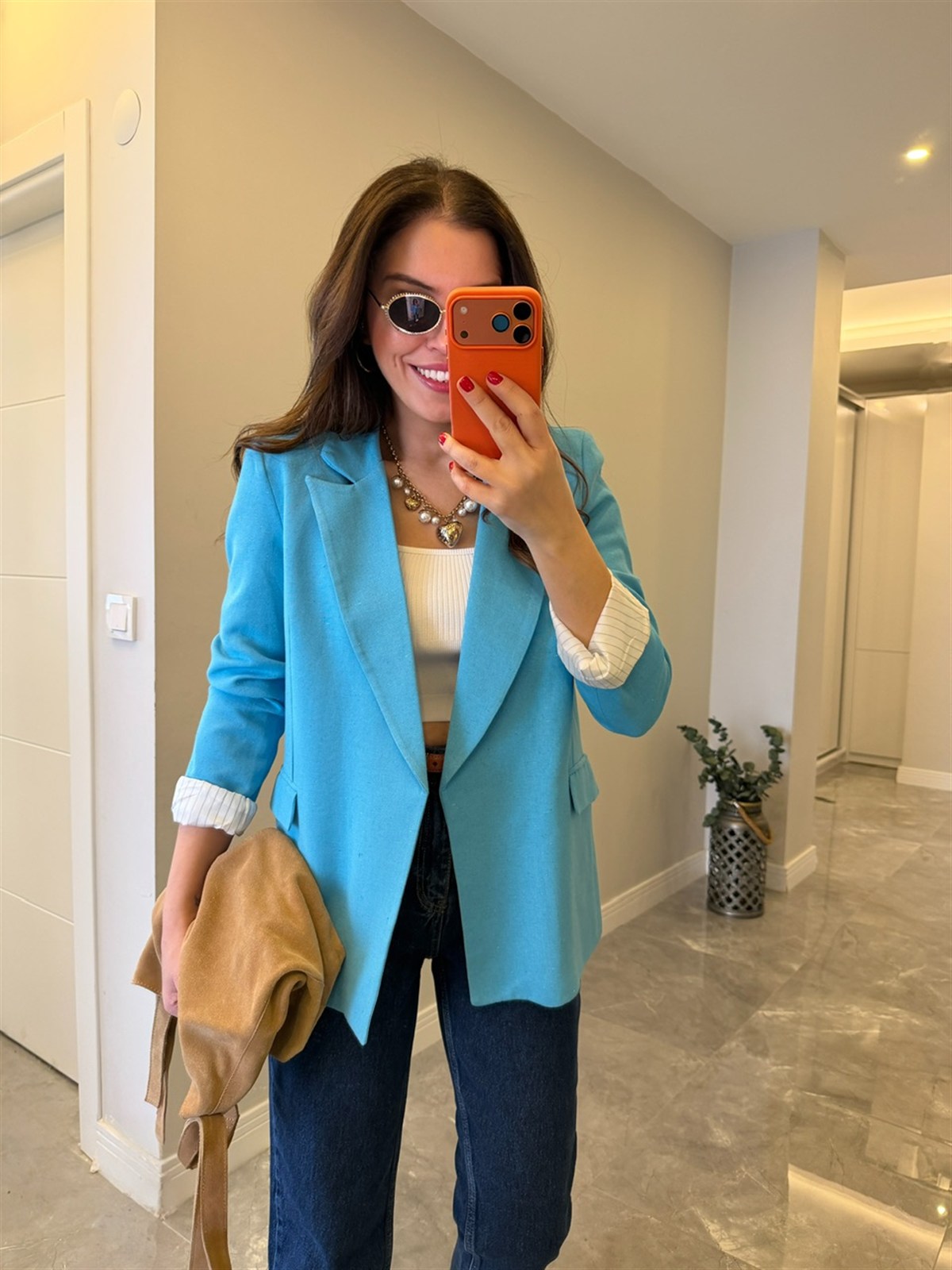 Astarı Çizgili Keten Ceket - Mavi