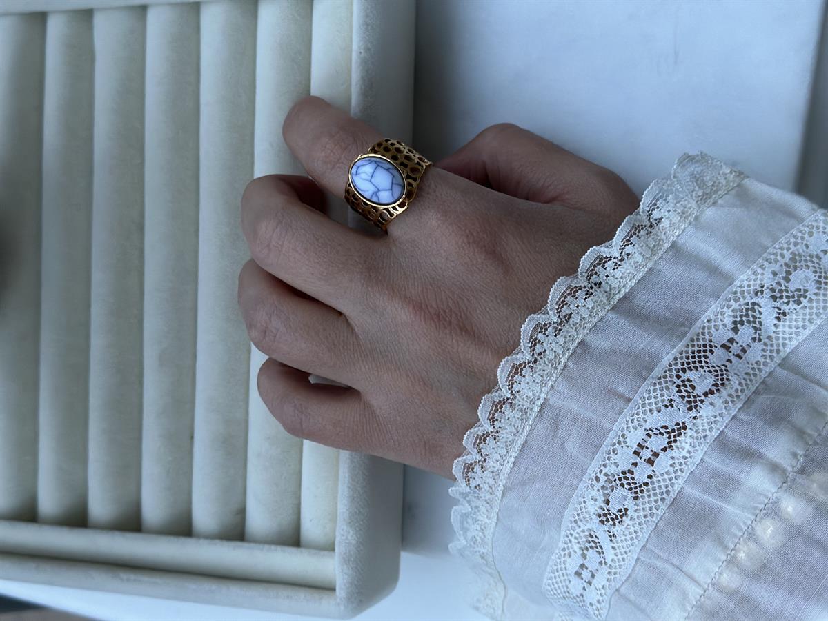 Çelik Ayarlanabilir Büyük Beyaz Taş Tasarım Yüzük