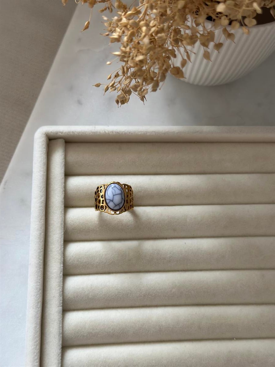 Çelik Ayarlanabilir Büyük Beyaz Taş Tasarım Yüzük