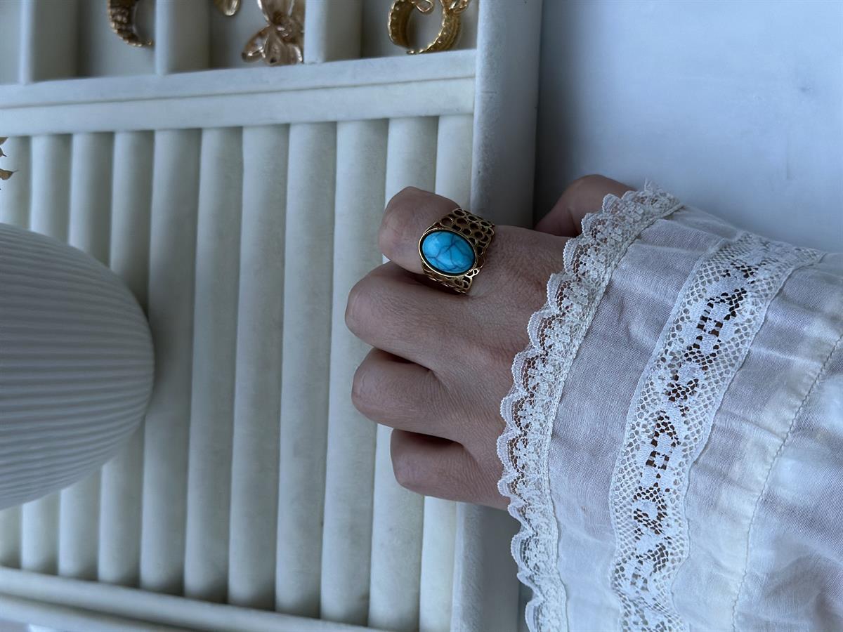 Çelik Ayarlanabilir Büyük Mavi Taş Tasarım Yüzük 