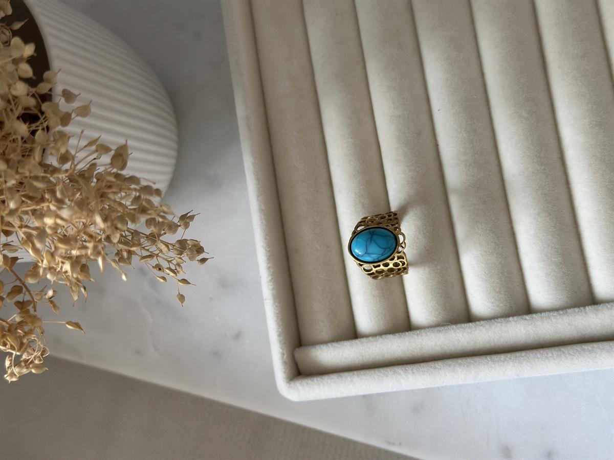 Çelik Ayarlanabilir Büyük Mavi Taş Tasarım Yüzük 