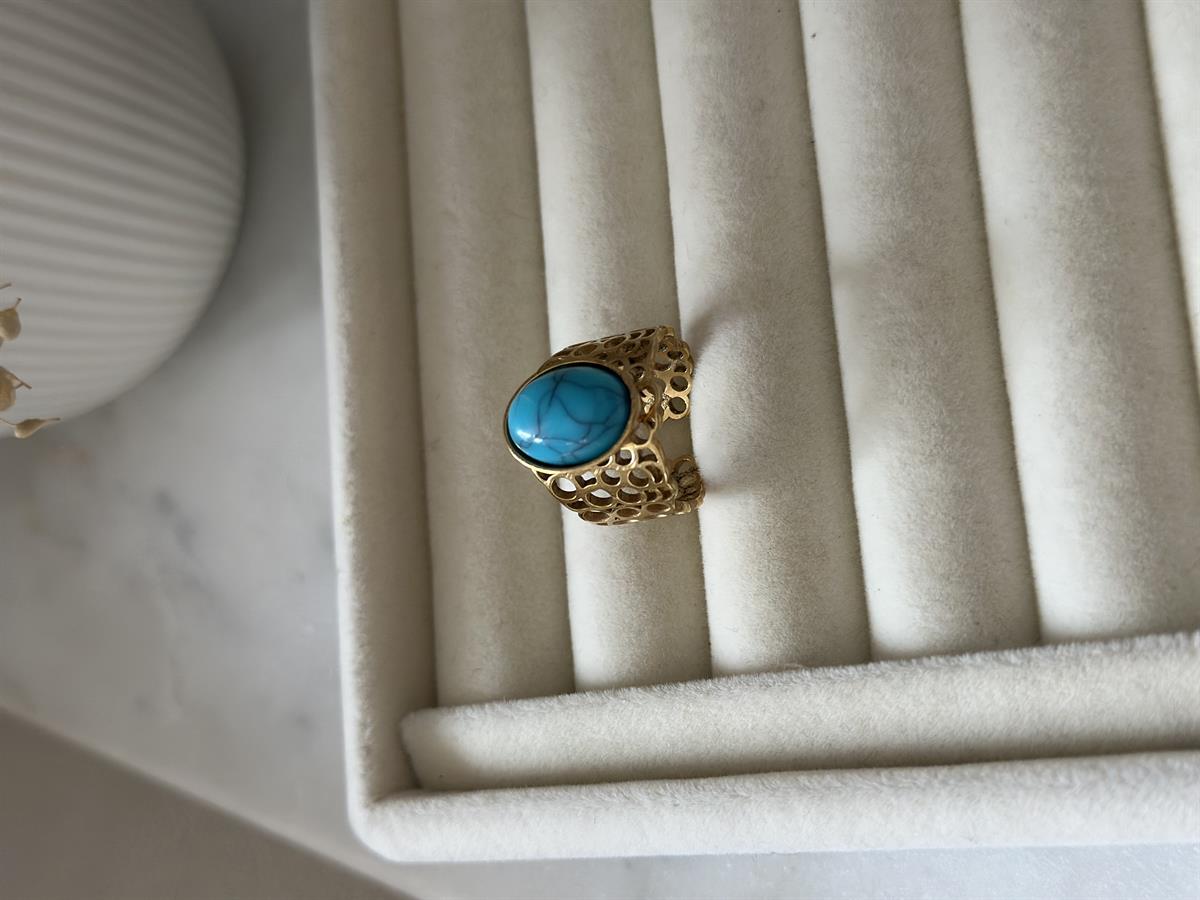 Çelik Ayarlanabilir Büyük Mavi Taş Tasarım Yüzük 