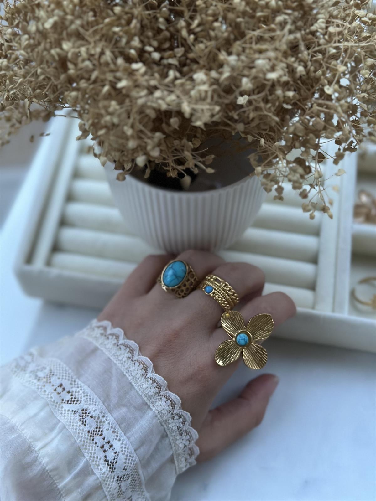 Çelik Ayarlanabilir Büyük Mavi Taş Tasarım Yüzük 