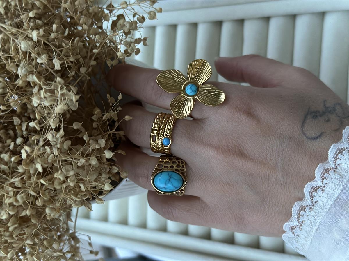 Çelik Ayarlanabilir Mavi Taş Detay Yüzük