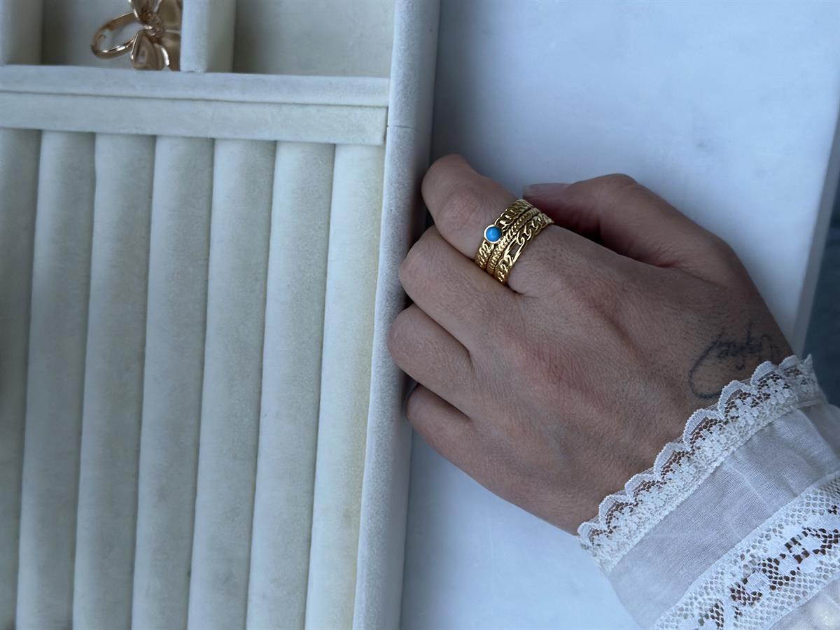 Çelik Ayarlanabilir Mavi Taş Detay Yüzük