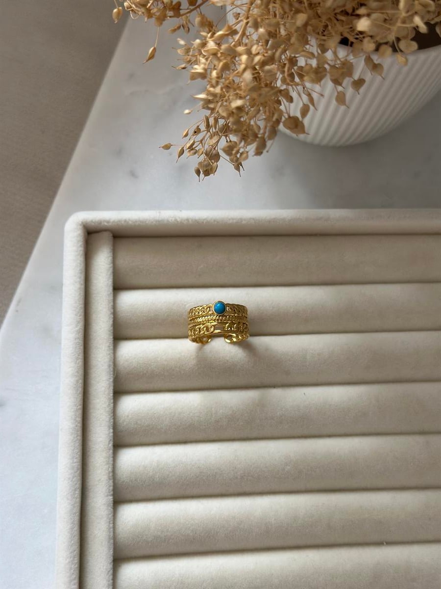 Çelik Ayarlanabilir Mavi Taş Detay Yüzük