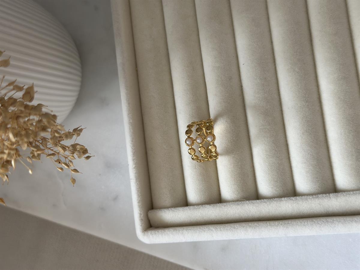 Çelik Ayarlanabilir Üç Sıralı İnci Detay Yüzük