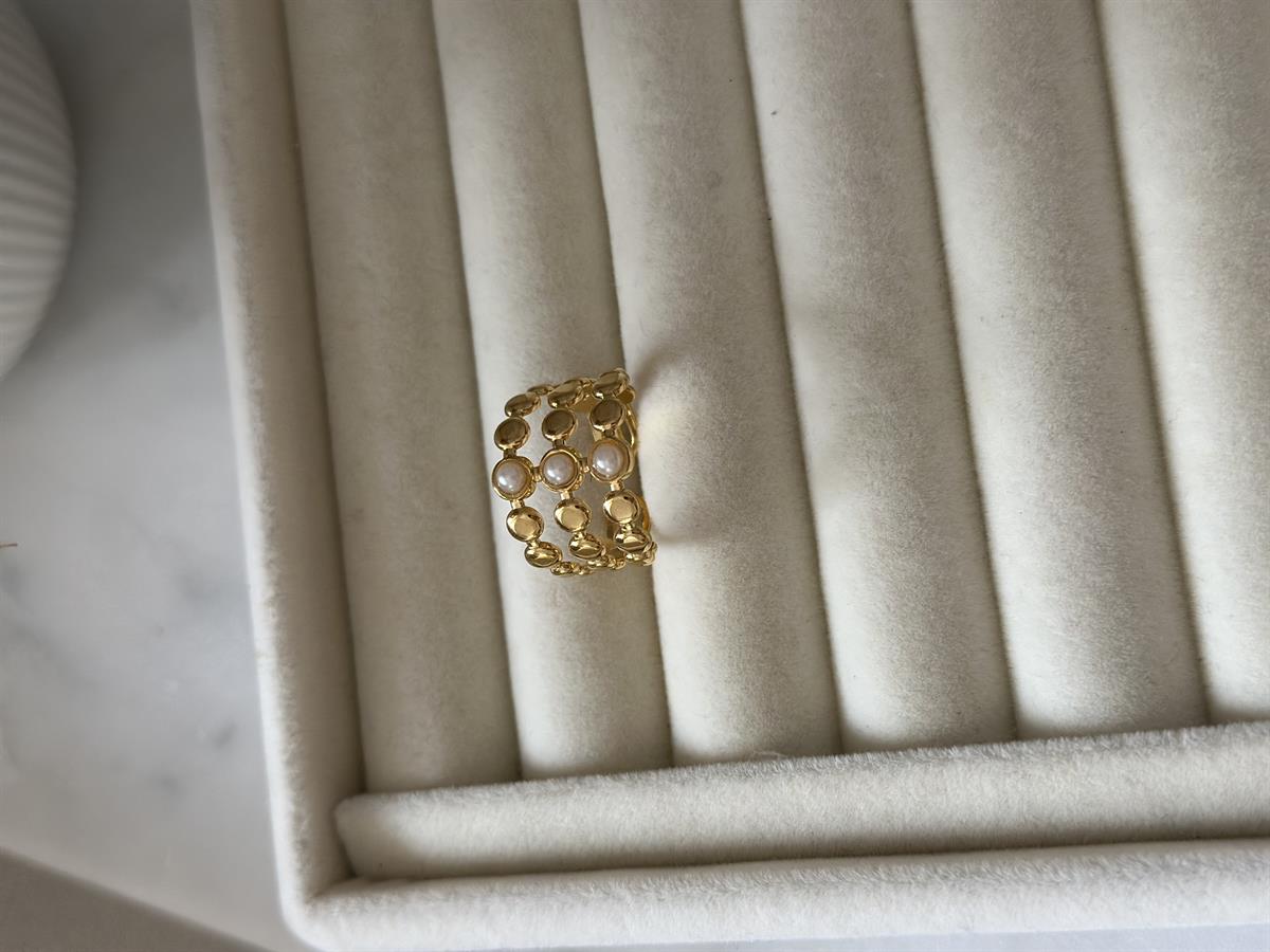 Çelik Ayarlanabilir Üç Sıralı İnci Detay Yüzük