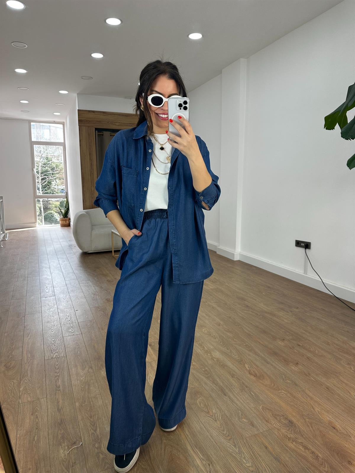 Cep Detaylı Beli Lastikli Tensel Denim Takım - Lacivert