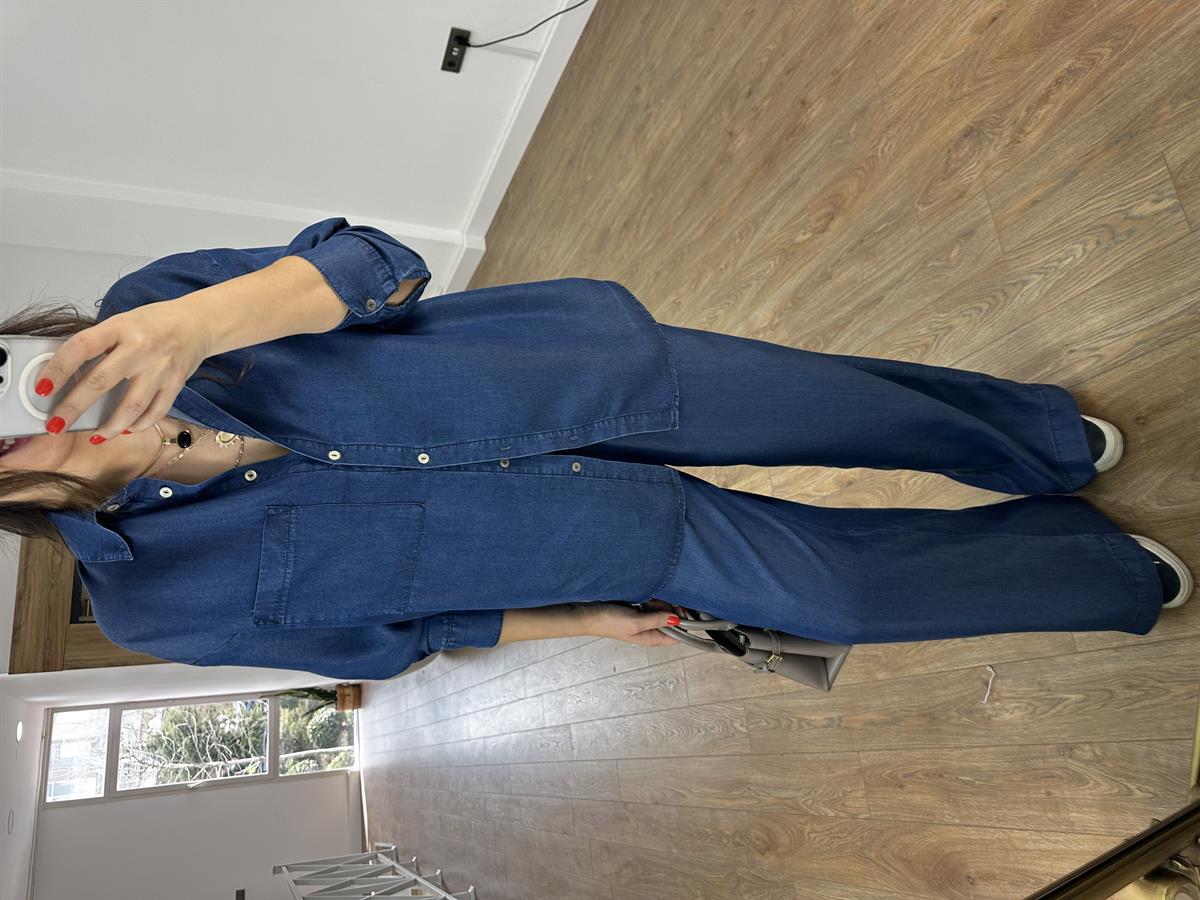 Cep Detaylı Beli Lastikli Tensel Denim Takım - Lacivert