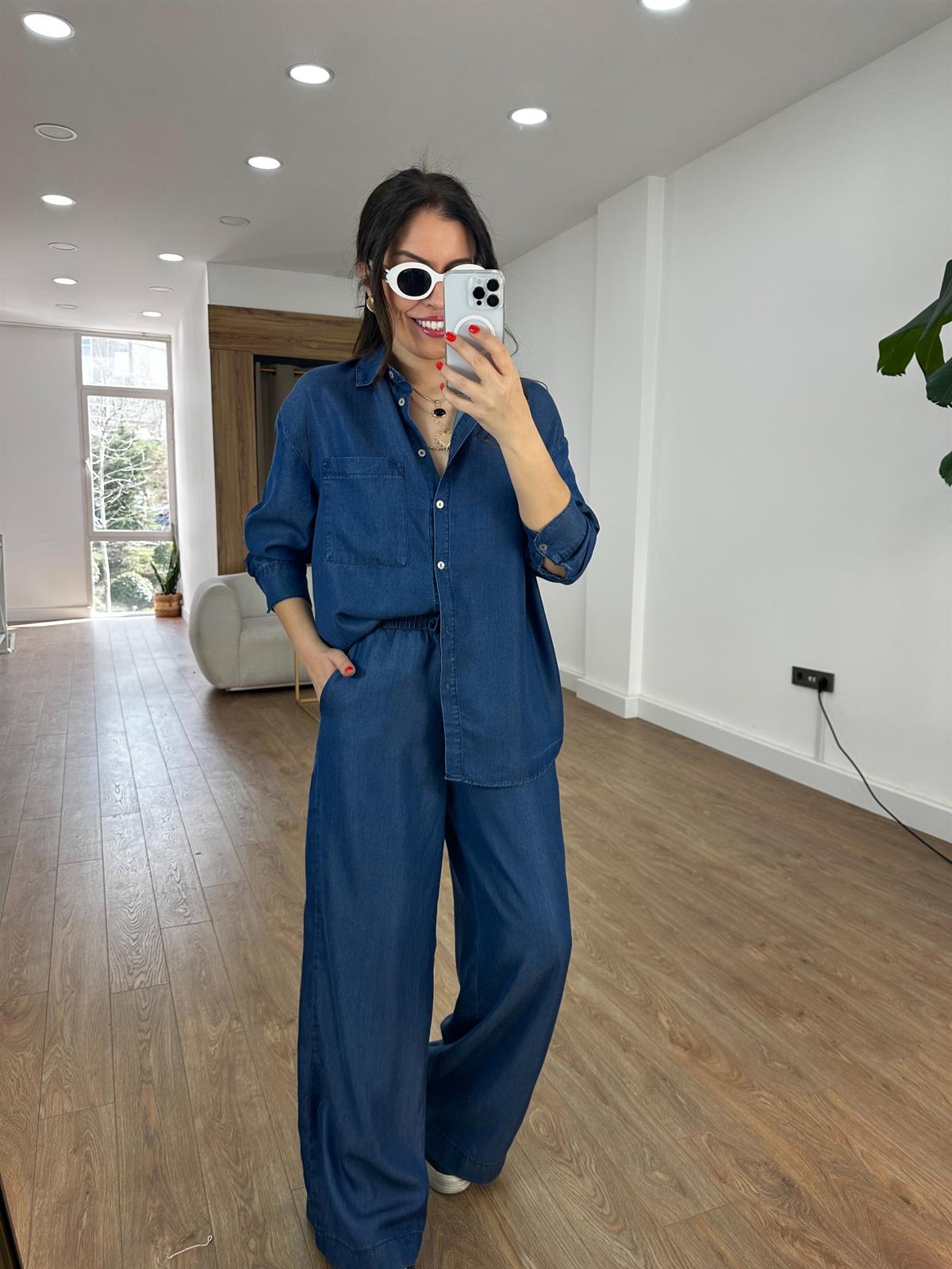 Cep Detaylı Beli Lastikli Tensel Denim Takım - Lacivert