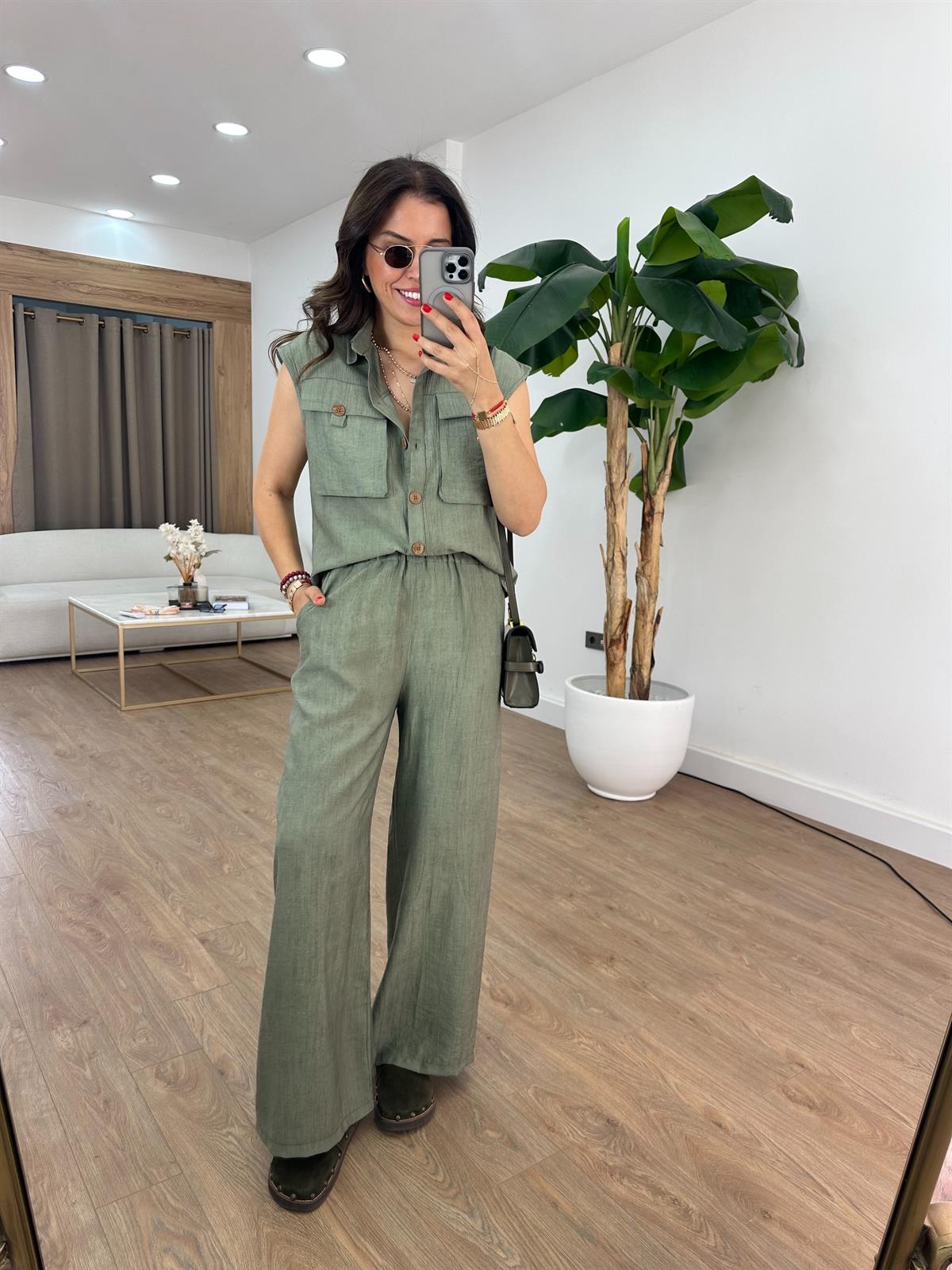 Cep Detaylı Beli Lastikli Takım - Haki