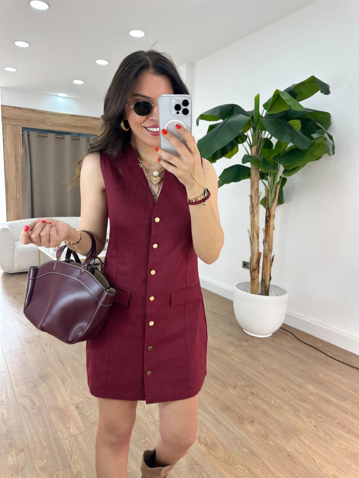 Cep Detaylı Keten Elbise - Bordo