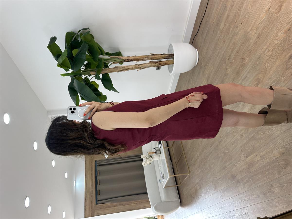 Cep Detaylı Keten Elbise - Bordo