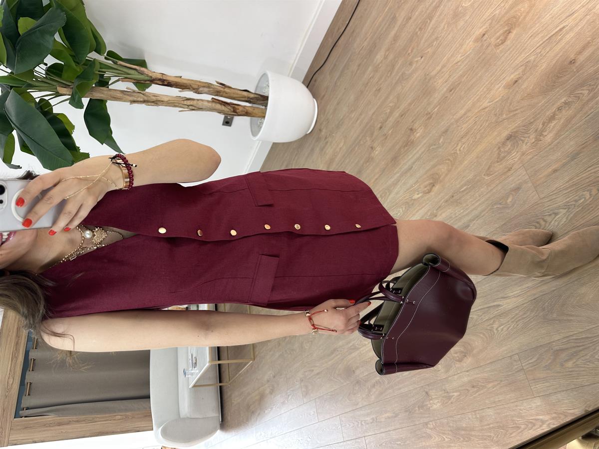 Cep Detaylı Keten Elbise - Bordo