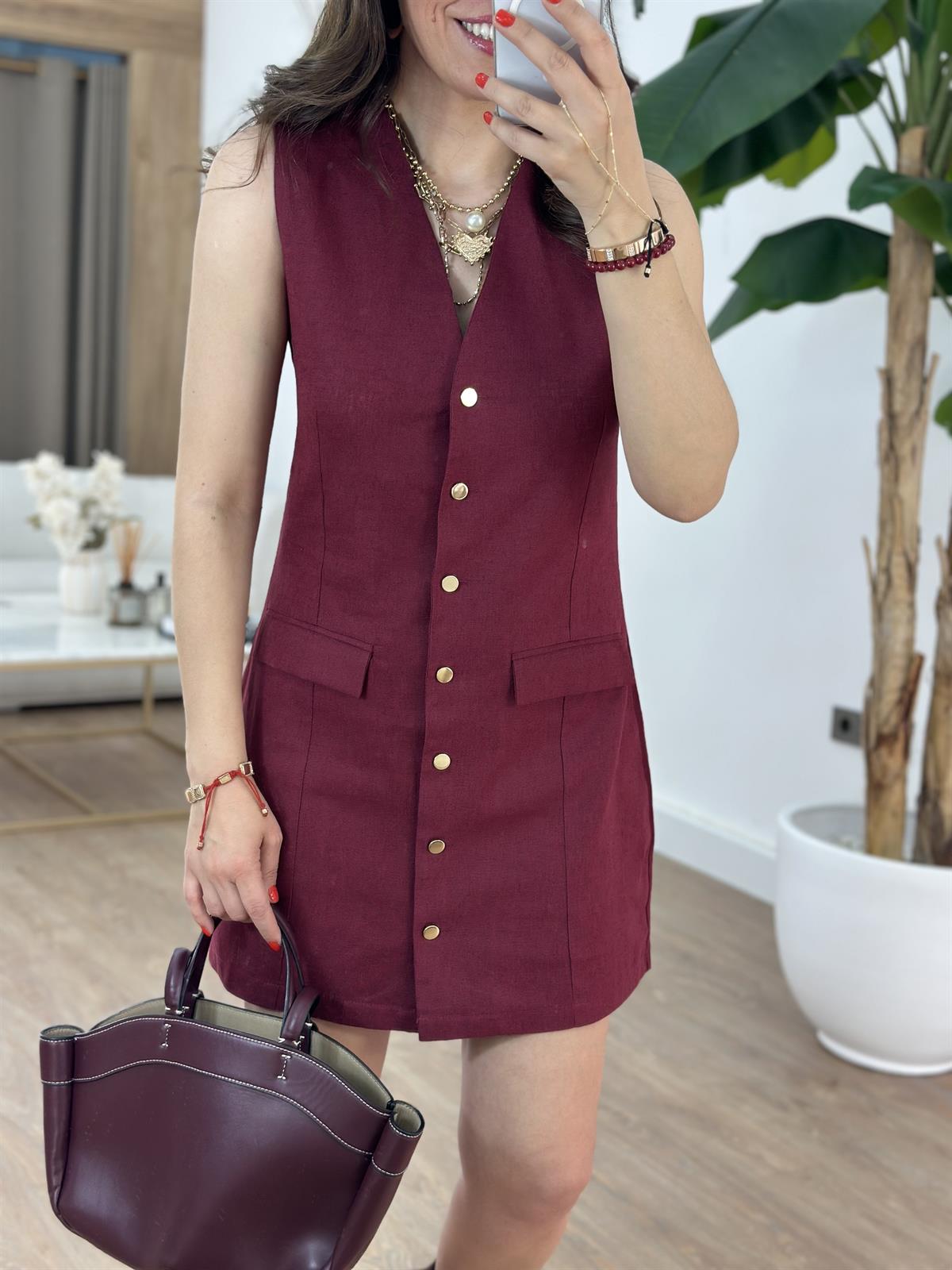 Cep Detaylı Keten Elbise - Bordo