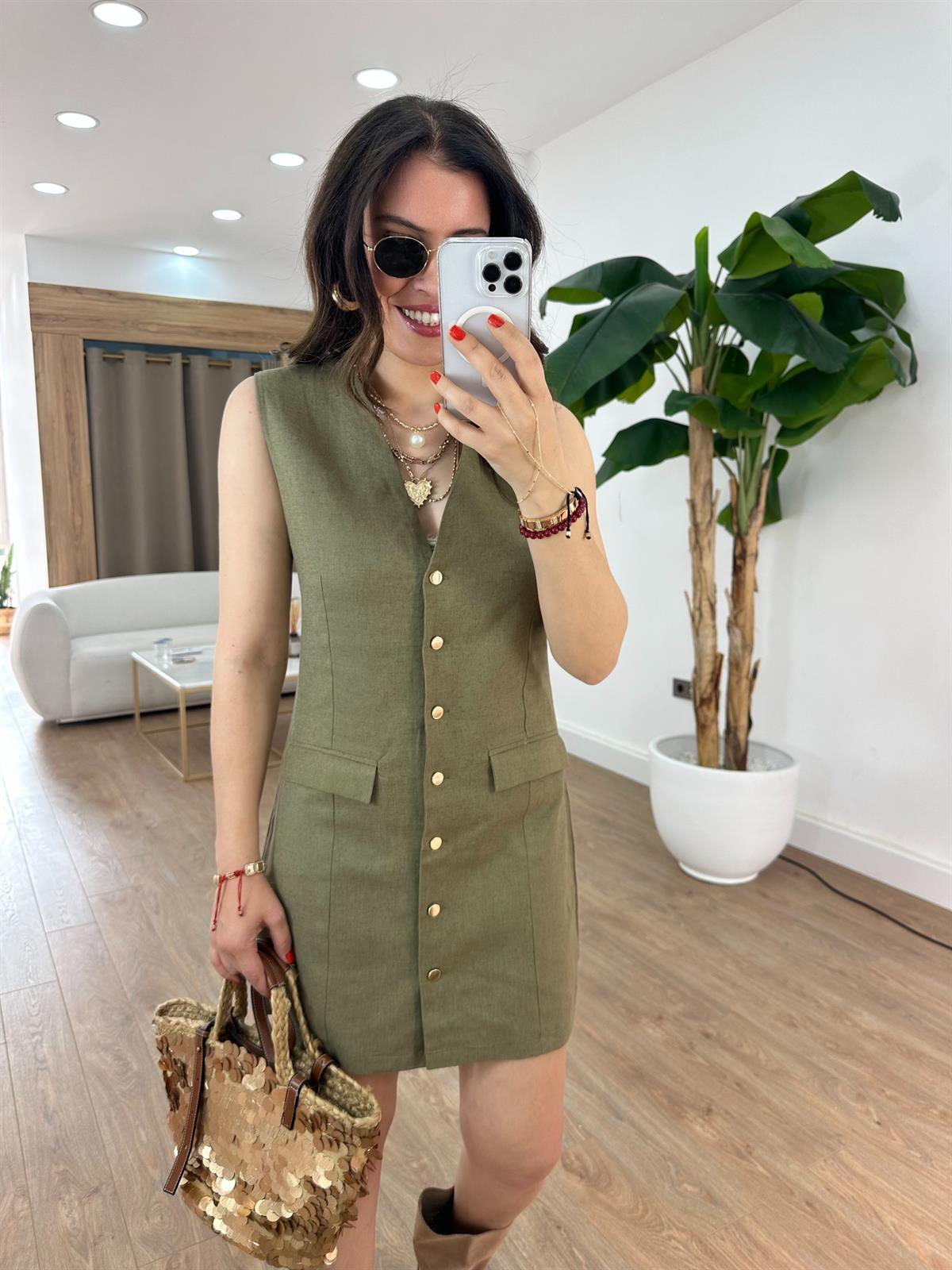 Cep Detaylı Keten Elbise - Haki