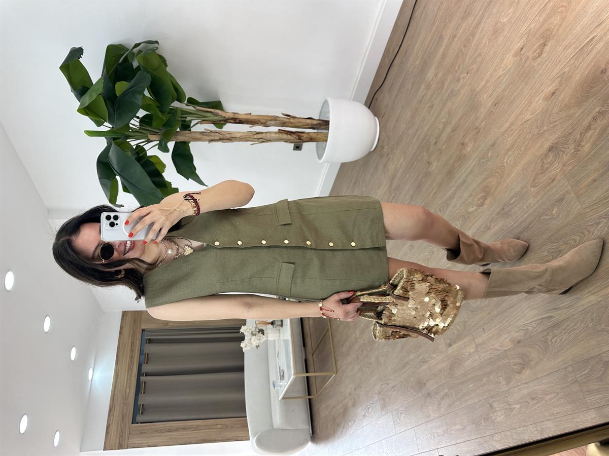 Cep Detaylı Keten Elbise - Haki