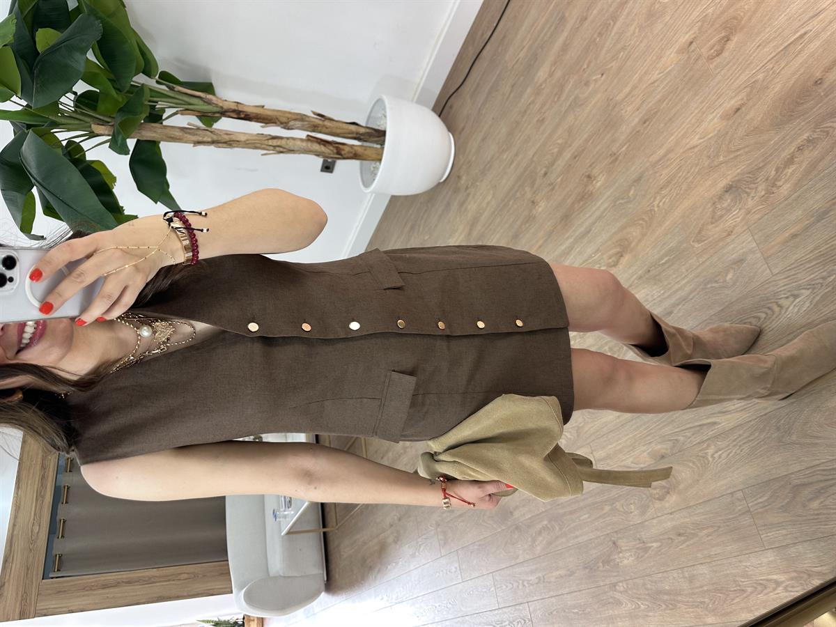 Cep Detaylı Keten Elbise - Kahverengi