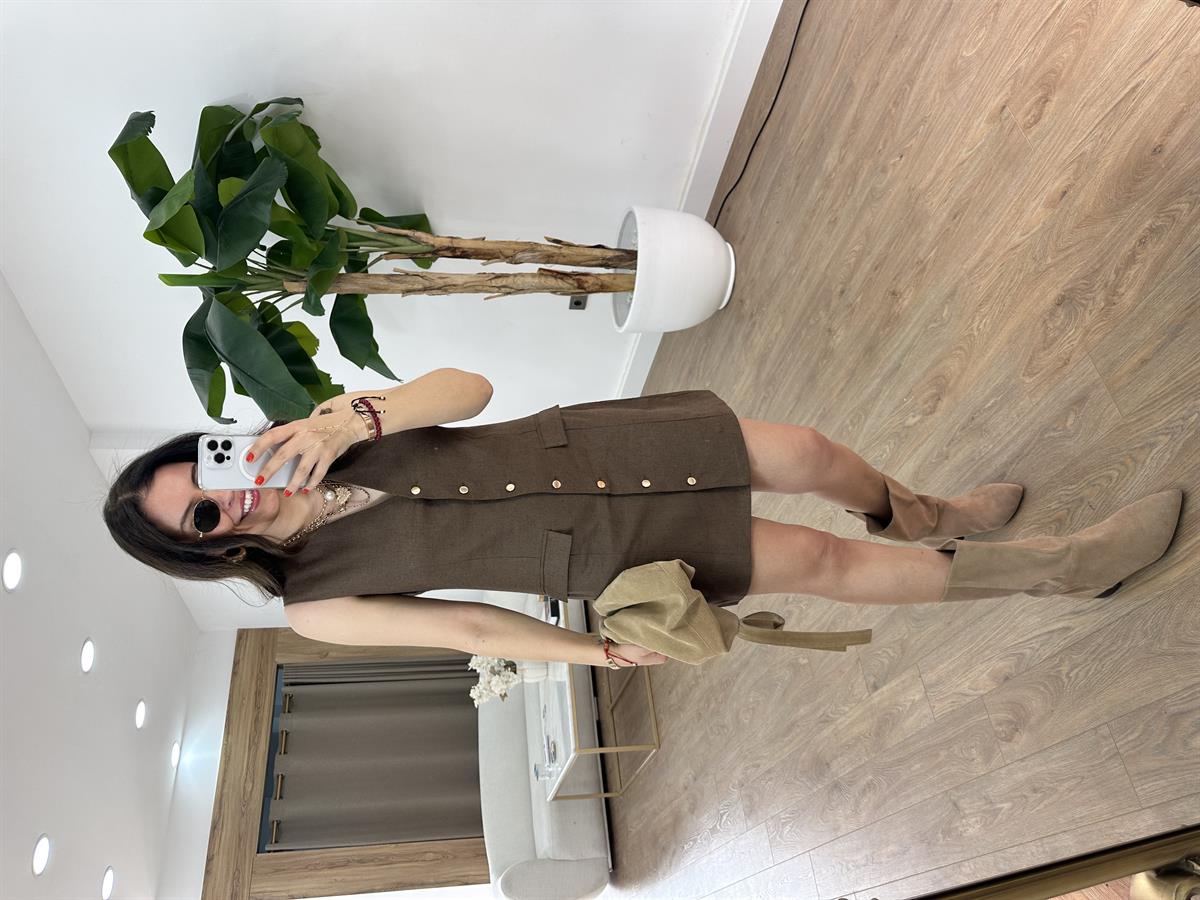 Cep Detaylı Keten Elbise - Kahverengi