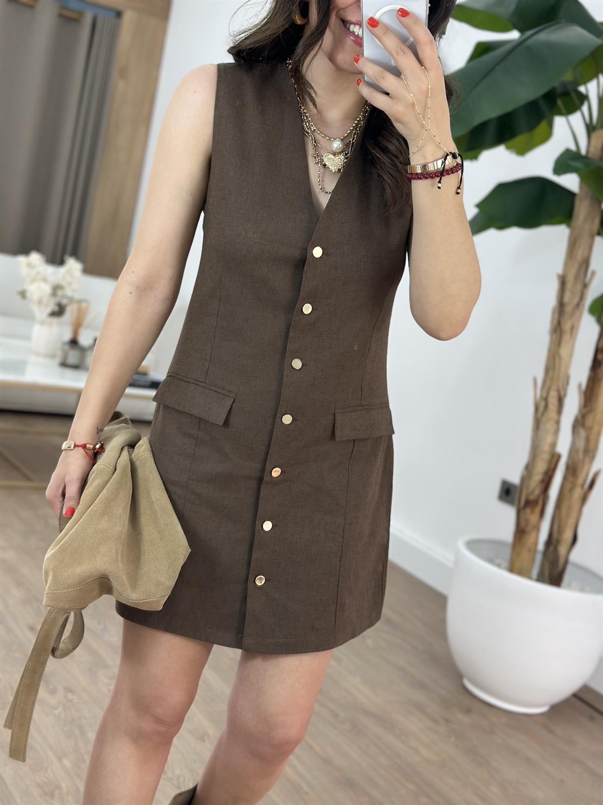 Cep Detaylı Keten Elbise - Kahverengi